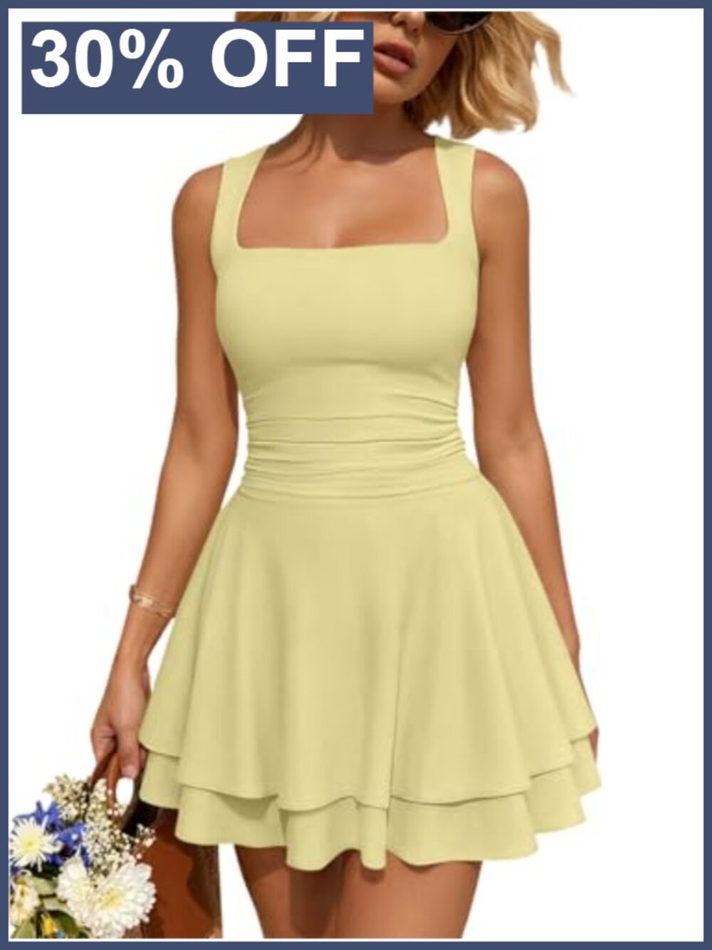 Women Sleeveless Square Neck Ruching A-Line Mini Summer Party Dress